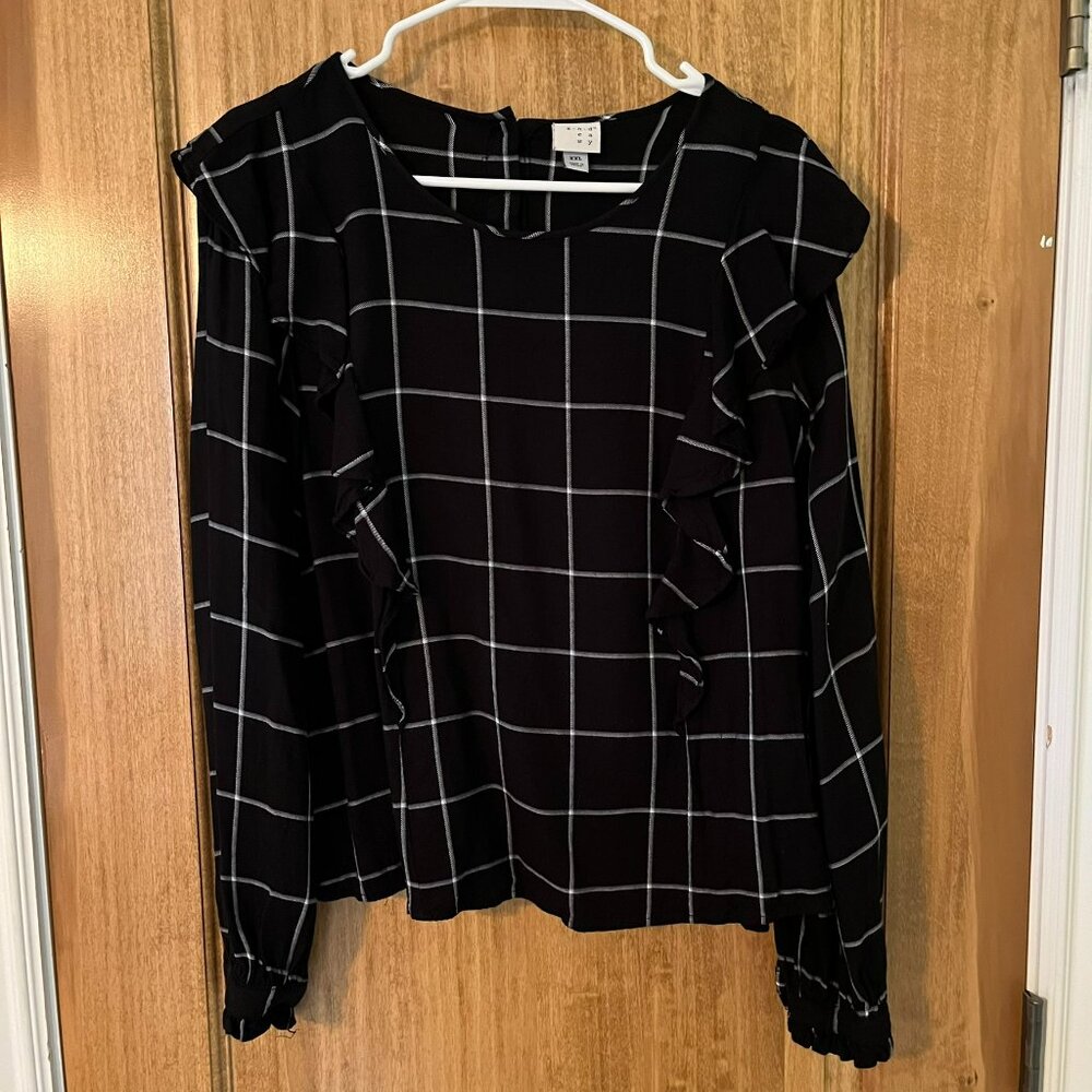 A New Day | Black & White Windowpane Pattern Long Sleeve Ruffle Blouse | XXL